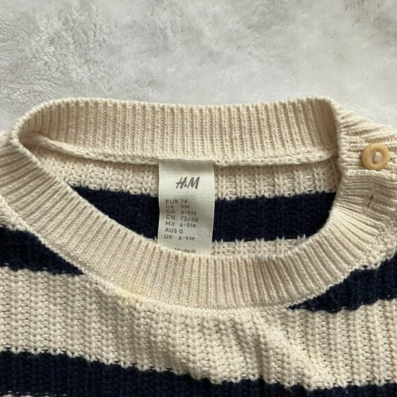 H&M Baby Sweater & Jeans Outfit Size 9M | EUC Striped Navy Cream Denim Blue - Picture 2 of 16